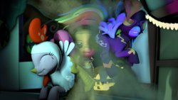 Size: 3840x2160 | Tagged: safe, artist:gassipons, applejack, pinkie pie, rainbow dash, pony, g4, 3d, alley, animal costume, chicken suit, clothes, costume, double team, fart, fart fetish, fetish, halloween, high res, holiday, nightmare night, poster, prank, scarecrow, shadowbolts, source filmmaker