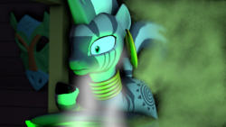 Size: 3840x2160 | Tagged: safe, artist:gassipons, zecora, zebra, g4, 3d, accident, cauldron, fart, fart fetish, fetish, halloween, high res, holiday, nightmare night, poster, source filmmaker