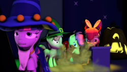 Size: 3840x2160 | Tagged: safe, artist:gassipons, artist:tacko marceno, apple bloom, scootaloo, sweetie belle, twilight sparkle, pony, g4, 3d, accident, clothes, costume, cutie mark crusaders, fart, fart fetish, fetish, gas, halloween, high res, holiday, nightmare night, shocked expression, smell, source filmmaker, star swirl the bearded costume, twilight fartle