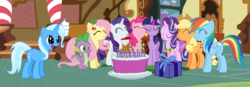 Size: 3704x1284 | Tagged: safe, artist:3d4d, applejack, fluttershy, pinkie pie, rainbow dash, rarity, spike, starlight glimmer, trixie, twilight sparkle, alicorn, pony, g4, cake, food, mane six, present, trixie day, twilight sparkle (alicorn)