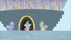 Size: 1280x720 | Tagged: safe, screencap, amethyst stone, ms. harshwhinny, spike, crystal pony, dragon, earth pony, pony, equestria games (episode), g4, animated, armor, background pony audience, crystal guard, crystal guard armor, dolly zoom, female, male, mare, mr. the dragon, panic attack, scared, sound, stadium, stallion, sweat, webm