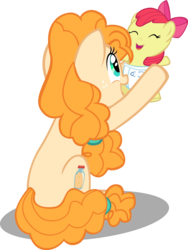 Size: 7218x9600 | Tagged: safe, artist:mrkat7214, apple bloom, pear butter, earth pony, pony, absurd resolution, adorabloom, apple bloom's bow, baby, baby apple bloom, baby pony, bow, cute, diaper, duo, female, foal, hair bow, mare, mother and daughter, pearabetes, playing, simple background, transparent background, vector, younger