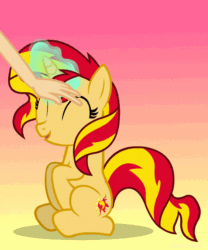Size: 750x900 | Tagged: dead source, safe, artist:creativeli3, sunset shimmer, human, pony, unicorn, equestria girls, g4, animated, cute, eyes closed, female, floating heart, gif, glowing horn, hand, happy, heart, horn, magic, mare, offscreen character, offscreen human, petting, shimmerbetes