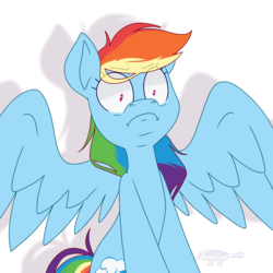 Size: 1200x1200 | Tagged: safe, artist:imaplatypus, rainbow dash, pegasus, pony, g4, cutie mark, disturbed, female, mare, reaction, reaction image, shrunken pupils, simple background, sitting, solo, spread wings, white background, wings, wtf