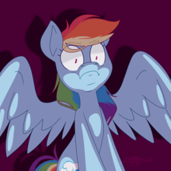 Size: 1200x1200 | Tagged: safe, alternate version, artist:imaplatypus, rainbow dash, pegasus, pony, g4, cutie mark, disturbed, female, mare, reaction, reaction image, shrunken pupils, sitting, solo, spread wings, wings, wtf