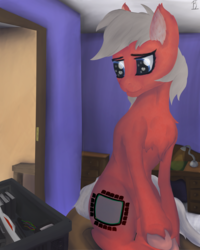 Size: 4000x5000 | Tagged: safe, artist:littlepony115, oc, oc only, oc:bitl, pony, blue eyes, cleft lip, computer, desk, doorway, female, gift art, graphics card, grey hair, hard drive, indoors, lamp, lineless, loving gaze, mare, motherboard, red coat, room, solo