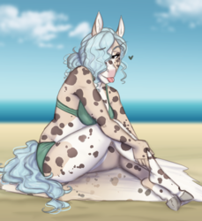 Size: 1623x1773 | Tagged: safe, artist:askbubblelee, oc, oc only, oc:opal ocean, anthro, unguligrade anthro, anthro oc, bikini, clothes, coat markings, hair over one eye, heart, pale belly, ponytail, selkie, sitting, smiling, solo, spots, swimsuit, thick, tongue out, wavy mane