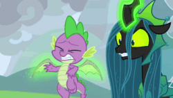 Size: 640x360 | Tagged: safe, screencap, queen chrysalis, spike, changeling, changeling queen, dragon, g4, the ending of the end, abuse, animated, claws, comments locked down, dismemberment, duo, evil smile, eyes closed, fangs, feet, female, former queen chrysalis, gif, glowing horn, grin, horn, hostage, male, male feet, moral event horizon, nose in the air, pain, poor spike, sadism, slasher smile, smiling, smirk, spikeabuse, spread toes, torture, ultimate chrysalis, unrelated discussion in the comments, wing pull, winged spike, wings, you know for kids