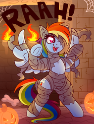 Size: 1777x2337 | Tagged: safe, artist:graphene, rainbow dash, pegasus, pony, g4, bipedal, bone, clothes, costume, cute, dashabetes, female, halloween, holiday, jack-o-lantern, mummy, mummy costume, nightmare night costume, open mouth, pumpkin, solo, spider web, spooky, torch