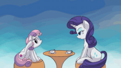 Size: 560x315 | Tagged: safe, artist:hananpacha, rarity, sweetie belle, pony, unicorn, g4, animated, behaving like a dog, cup, cute, diasweetes, female, foal, food, frame by frame, gif, horses doing horse things, itchy, loop, rarity is not amused, rude, scratching, siblings, sisters, sitting, table, tea, the cmc's cutie marks, unamused, uncouth