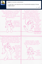 Size: 1280x1916 | Tagged: safe, artist:asklustiedawn, artist:edhelistar, luster dawn, pony, unicorn, tumblr:ask luster dawn, g4, the last problem, 4 panel comic, anime sweat drop, ask, awkward smile, bipedal, comic, dialogue, embarrassed, excited, female, floppy ears, frog (hoof), head tilt, implied sunburst, lineart, looking at you, looking away, looking up, luster dawn is starlight's and sunburst's daughter, mare, mixed media, monochrome, open mouth, pointing, ponytail, raised eyebrow, simple background, smiling, solo, sweat, sweatdrop, talking to viewer, text, tumblr, underhoof, white background
