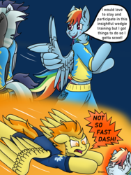 Size: 3024x4032 | Tagged: safe, artist:tacomytaco, rainbow dash, soarin', spitfire, thunderlane, pegasus, pony, comic:wedgiebolts academy, g4, angry, bipedal, blushing, briefs, clothes, comic, comic page, female, flying, gradient background, male, midriff, panties, purple underwear, shirt, shorts, spread wings, sweat, underwear, wing hands, wings, worried