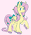 Size: 1039x1175 | Tagged: safe, artist:trinoids, fluttershy, earth pony, pony, g4, alternate design, blushing, bow, chest fluff, cloven hooves, cute, ear fluff, earth pony fluttershy, female, flower, flower in hair, flower in tail, looking at you, looking sideways, mare, no pupils, pink background, raised hoof, shyabetes, simple background, smiling, solo, standing, tail bow, three quarter view, unshorn fetlocks, white background, wingless