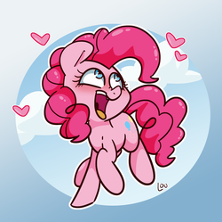 Size: 1500x1496 | Tagged: safe, artist:lou, pinkie pie, earth pony, pony, g4, abstract background, blushing, cloud, cute, diapinkes, female, heart, mare, open mouth, smiling, solo, tongue out