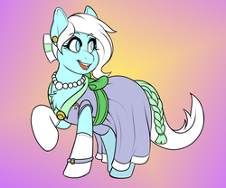 Size: 2547x2123 | Tagged: safe, artist:mr.pink, artist:pacificside18, oc, oc only, oc:azur lachrimae, pony, bow, clothes, dress, ear piercing, earring, gala dress, gloves, high res, hoof gloves, jewelry, necklace, pearl, pearl necklace, piercing, ring, simple background