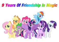 Size: 1280x919 | Tagged: safe, artist:cartoonmasterv3, applejack, fluttershy, pinkie pie, rainbow dash, rarity, spike, starlight glimmer, twilight sparkle, alicorn, dragon, earth pony, pegasus, pony, unicorn, g4, mane six, simple background, transparent background, twilight sparkle (alicorn), winged spike, wings