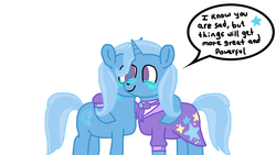 Size: 1366x768 | Tagged: safe, artist:raulixevergreen, trixie, pony, unicorn, g4, the last problem, clothes, colored, commission, crying, cute, duality, female, happy, hug, mare, spell, text, time travel