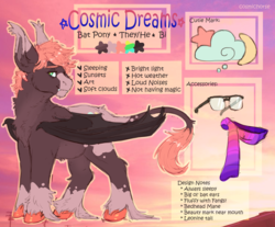 Size: 3900x3235 | Tagged: safe, artist:girlboyburger, oc, oc only, oc:cosmic dream, bat pony, pony, bags under eyes, bat wings, big ears, clothes, cloud, coat markings, cutie mark, dappled, fangs, fluffy, glasses, high res, leonine tail, male, messy mane, nonbinary, pastel, patterned, pronouns, reference sheet, scarf, solo, stallion, unshorn fetlocks, wings
