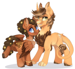 Size: 1920x1763 | Tagged: safe, artist:pvrii, oc, oc only, oc:excalibur scape, oc:jasmine tiara, pegasus, pony, unicorn, chest fluff, female, jewelry, male, mare, necklace, pearl necklace, simple background, stallion, transparent background