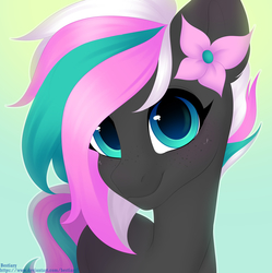 Size: 4656x4672 | Tagged: safe, artist:bestiary, oc, oc only, oc:nextic, earth pony, pony, flower, flower in hair, flower on ear, freckles, looking at camera, looking at you, smiling, solo