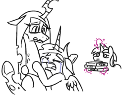 Size: 802x624 | Tagged: safe, artist:jargon scott, princess cadance, queen chrysalis, shining armor, alicorn, changeling, changeling queen, pony, unicorn, g4, crying, female, food, magic, male, mare, messy mane, open mouth, partial color, peetzer, pizza, pizza box, princess sadance, stallion, telekinesis