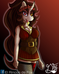 Size: 1000x1250 | Tagged: safe, artist:thedamneddarklyfox, oc, oc only, oc:odenia ripper, unicorn, anthro, belt, chest fluff, clothes, female, fishnet stockings, heterochromia, long hair, long mane, looking at you, miniskirt, piercing, rose crown, skirt, solo, stockings, thigh highs, tongue out
