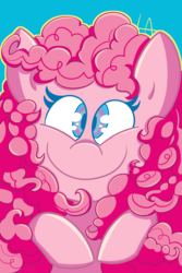 Size: 2400x3600 | Tagged: safe, artist:lamianxious, part of a set, pinkie pie, earth pony, pony, g4, blue background, cute, diapinkes, female, hair, high res, looking at you, mane, mare, simple background, smiling, solo
