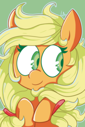 Size: 2400x3600 | Tagged: safe, artist:lamianxious, part of a set, applejack, earth pony, pony, g4, cute, female, green background, hatless, high res, jackabetes, mare, missing accessory, simple background, smiling, solo