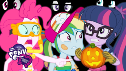 Size: 1280x720 | Tagged: safe, screencap, pinkie pie, rainbow dash, sci-twi, sunset shimmer, twilight sparkle, equestria girls, equestria girls series, g4, my little shop of horrors, spring breakdown, unsolved selfie mysteries, spoiler:eqg series (season 2), equestria girls logo, female, halloween, holiday, jack-o-lantern, poor quality, pumpkin, youtube, youtube thumbnail