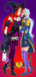Size: 941x2000 | Tagged: safe, artist:starwantrix, trixie, human, equestria girls, g4, candle, clothes, crossover, crossover shipping, cute, diatrixes, dress, female, halloween, holiday, league of legends, lesbian, magician outfit, miss fortune (league of legends), sarah fortune, shipping, socks, thigh highs, thigh socks, wingding eyes, witch, wizard