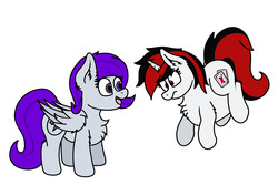Size: 3232x2160 | Tagged: safe, artist:aaatheballoon, oc, oc only, oc:blackjack, oc:morning glory (project horizons), pegasus, pony, unicorn, fallout equestria, fallout equestria: project horizons, duo, fanfic art, female, floating, high res, inflation