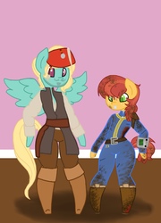 Size: 958x1333 | Tagged: safe, artist:forgottenchesire, derpibooru exclusive, half baked apple, zephyr breeze, earth pony, pegasus, anthro, g4, apple breeze, apple family member, base used, captain jack sparrow costume, costume party, fallout new vegas courier costume, gay, shipping