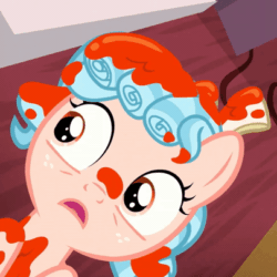 Size: 405x405 | Tagged: safe, screencap, cozy glow, pegasus, pony, g4, marks for effort, season 8, animated, bow, cozybetes, cropped, curly hair, cute, eyes rolling back, female, filly, freckles, gif, giggling, hair bow, laughing, looking back, looking up, lying down, messy, messy mane, not blood, o.o, on back, on the floor, out of context, paint, paint on fur, paint on hooves, pure concentrated unfiltered evil of the utmost potency, pure unfiltered evil, solo, sweet apple acres, sweet apple acres barn