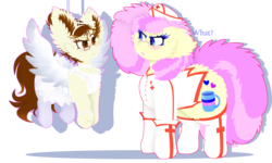 Size: 2500x1500 | Tagged: safe, artist:vanillaswirl6, oc, oc only, oc:historic shine, oc:vanilla swirl, angel, pony, cheek fluff, chest fluff, clothes, costume, duo, ear fluff, fluffy, halloween, holiday, nurse outfit, simple background, transparent background