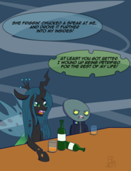 Size: 1500x1950 | Tagged: safe, artist:feralroku, queen chrysalis, g4, the ending of the end, alcohol, bar, bottle, crossover, dialogue, final space, glass, lord commander (final space), speech bubble