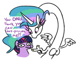 Size: 680x532 | Tagged: safe, artist:jargon scott, princess celestia, twilight sparkle, alicorn, pony, g4, dialogue, faic, female, finger hooves, hand, i can't believe it's not alumx, impossibly long neck, long neck, mare, necc, pointing, princess necklestia, suddenly hands, twiggie