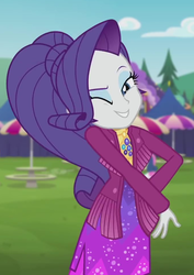 Size: 679x957 | Tagged: safe, screencap, rarity, equestria girls, equestria girls series, g4, inclement leather, spoiler:choose your own ending (season 2), spoiler:eqg series (season 2), clothes, cloud, cropped, cute, eyeshadow, female, jacket, lidded eyes, looking at you, makeup, one eye closed, outdoors, raribetes, smiling, solo, suede jacket, wink