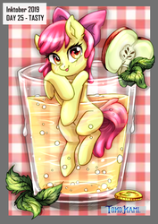 Size: 2149x3035 | Tagged: safe, artist:tokokami, apple bloom, earth pony, pony, g4, adorabloom, apple, blushing, bow, cup, cup of pony, cute, female, filly, food, glass, hair bow, high res, inktober, inktober 2019, juice, micro, picnic blanket, solo