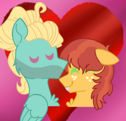 Size: 915x874 | Tagged: safe, artist:forgottenchesire, derpibooru exclusive, half baked apple, zephyr breeze, pony, g4, abstract background, apple breeze, apple family member, base used, gay, heart, heart background, male, shipping