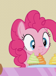 Size: 224x302 | Tagged: safe, artist:agrol, pinkie pie, earth pony, pony, make it a surprise, g4, :i, animated, counter, cropped, cupcake, female, food, gif, glare, head shake, implied rainbow dash, implied twilight sparkle, looking at someone, mare, mlp fim's ninth anniversary, no, nope, pinkie pie is not amused, reaction image, solo, sugarcube corner, unamused