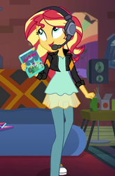 Size: 707x1079 | Tagged: safe, screencap, sunset shimmer, equestria girls, g4, game stream, my little pony equestria girls: better together, clothes, converse, couch, cropped, cute, female, gamer sunset, headset, jacket, pantyhose, shimmerbetes, shoes, smiling, speaker, sunset's apartment, video game