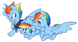 Size: 4488x2424 | Tagged: safe, artist:chub-wub, part of a set, rainbow dash, pegasus, pony, the last problem, age progression, cute, dashabetes, dashstorm, female, filly, filly rainbow dash, high res, mare, multeity, older, older rainbow dash, open mouth, part of a series, self paradox, self ponidox, simple background, spread wings, time paradox, triality, triple rainbow, white background, wings, younger