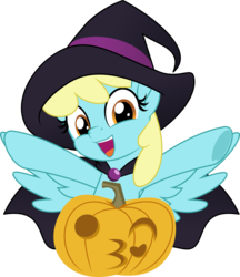 Size: 5000x5777 | Tagged: safe, artist:jhayarr23, sassaflash, pegasus, pony, g4, background pony, cape, clothes, costume, female, halloween, hat, holiday, kissy face, mare, pumpkin, simple background, solo, spread wings, transparent background, wings, witch hat, ych result