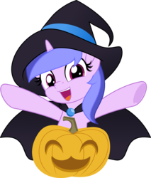 Size: 5000x5871 | Tagged: safe, artist:jhayarr23, sea swirl, seafoam, pony, unicorn, g4, background pony, cape, clothes, costume, female, halloween, hat, holiday, mare, pumpkin, simple background, solo, transparent background, witch hat, ych result