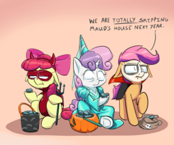 Size: 2400x2000 | Tagged: safe, artist:rocket-lawnchair, apple bloom, scootaloo, sweetie belle, earth pony, pegasus, pony, unicorn, vampire, g4, clothes, confused, confusion, costume, cutie mark crusaders, devil horns, dress, female, filly, floppy ears, halloween, hennin, high res, holiday, huh, i got a rock, implied maud pie, mask, nightmare night, nightmare night costume, princess, princess outfit, princess sweetie belle, pumpkin bucket, rock, scootaloo is not amused, sweetie belle is not amused, trick or treat, trio, unamused, unhappy, upset