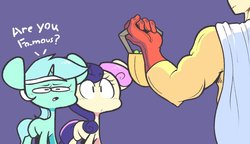Size: 1474x851 | Tagged: safe, artist:sourspot, bon bon, lyra heartstrings, sweetie drops, earth pony, human, pony, unicorn, g4, crossover, dialogue, female, human male, humie, male, mare, one punch man, open mouth, pumpkin bucket, purple background, saitama, simple background