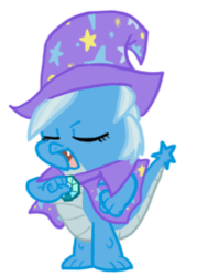 Size: 181x253 | Tagged: safe, artist:itsaaudraw, trixie, dragon, g4, baby, baby dragon, cape, clothes, cropped, dragonified, eyes closed, female, hat, simple background, solo, species swap, transparent background, trixie's cape, trixie's hat, trixiedragon