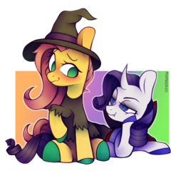 Size: 1000x999 | Tagged: safe, artist:onionpwder, fluttershy, rarity, pony, vampire, g4, abstract background, blushing, cape, clothes, costume, duo, fangs, female, halloween, hat, holiday, hoof on cheek, lesbian, lidded eyes, looking at each other, nightmare night costume, prone, ship:flarity, shipping, sitting, slit pupils, witch costume, witch hat