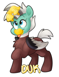 Size: 2472x3200 | Tagged: safe, artist:luximus17, oc, oc only, oc:dolan, oc:duk, bird, duck pony, :p, badge, cute, female, high res, mlem, quack, silly, solo, tongue out
