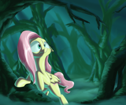 Size: 2400x2000 | Tagged: safe, artist:rocket-lawnchair, fluttershy, pegasus, pony, g4, female, fog, forest, high res, mare, mismatched eyes, scared, scenery, solo